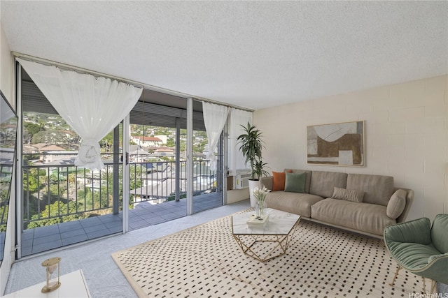 1687 Pensacola St Unit 804, Honolulu, HI 96822 - carpeted living room featuring a textured ceiling and concrete block wall
