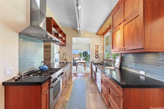 2055 Alihilani Pl, Honolulu, HI 96822 - kitchen featuring wall chimney range hood, appliances with stainless steel finishes, dark countertops, backsplash, and brown cabinetry