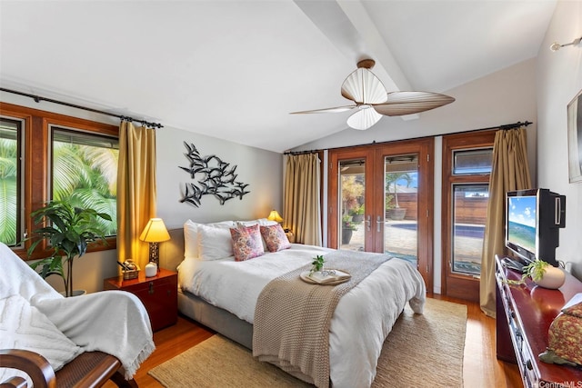 2055 Alihilani Pl, Honolulu, HI 96822 - bedroom featuring french doors, access to outside, lofted ceiling, light wood-type flooring, and a ceiling fan