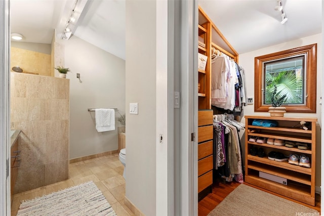 2055 Alihilani Pl, Honolulu, HI 96822 - full bathroom featuring track lighting, lofted ceiling, a walk in shower, and a spacious closet