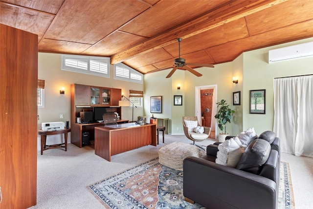 2055 Alihilani Pl, Honolulu, HI 96822 - living area featuring a wall mounted air conditioner, wooden ceiling, an office area, light carpet, and a ceiling fan