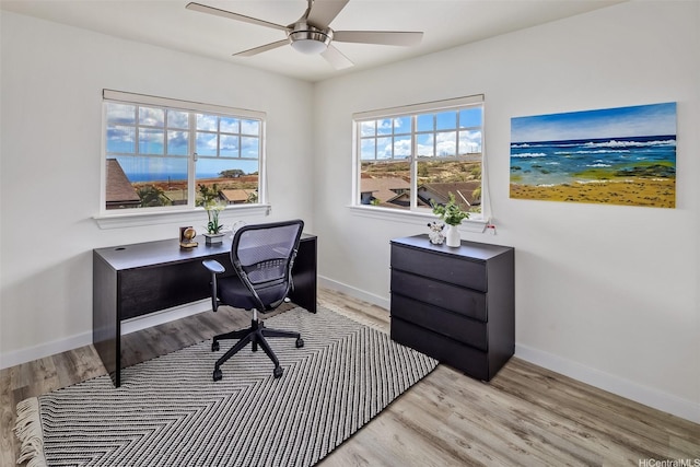 92-6127 Puapake St, Kapolei, HI 96707 - home office with light wood-type flooring, ceiling fan, plenty of natural light, and baseboards