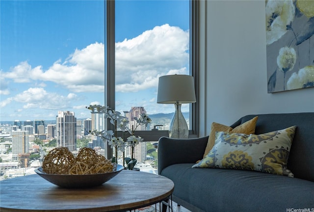 interior space featuring a view of city