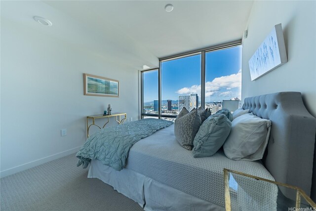 carpeted bedroom featuring access to outside, baseboards, and expansive windows