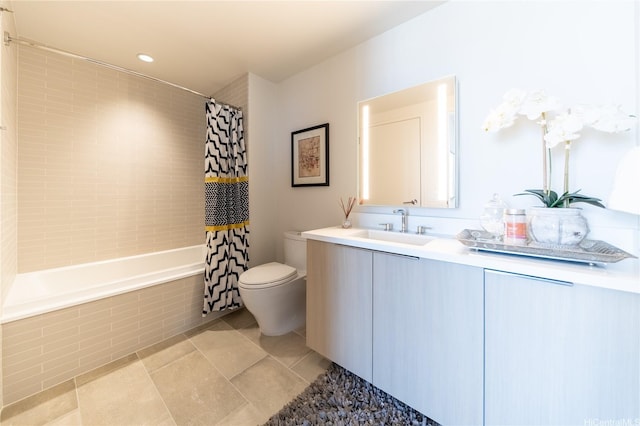 full bath featuring toilet, vanity, shower / bath combo, tile patterned floors, and recessed lighting