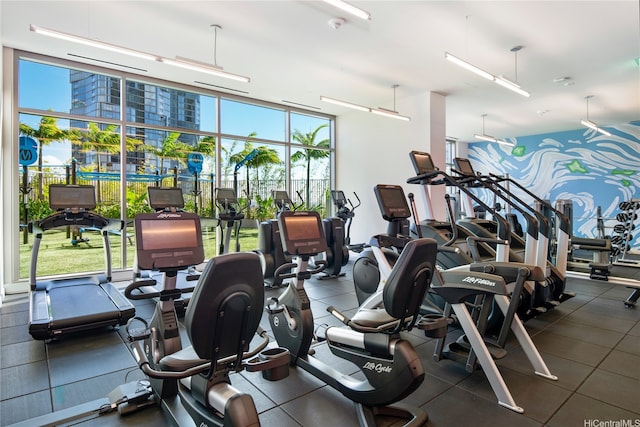 workout area with healthy amount of natural light and floor to ceiling windows
