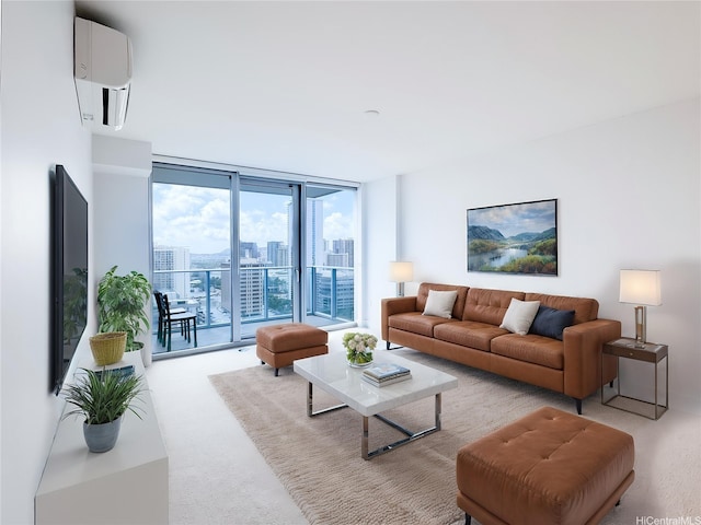 629 Keeaumoku St Unit 2205, Honolulu, HI 96814 - living area with expansive windows, light carpet, a view of city, and a wall unit AC