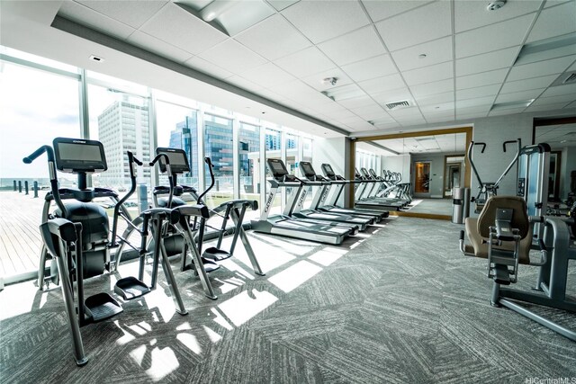 629 Keeaumoku St Unit 2205, Honolulu, HI 96814 - exercise room with floor to ceiling windows, carpet floors, visible vents, and a drop ceiling