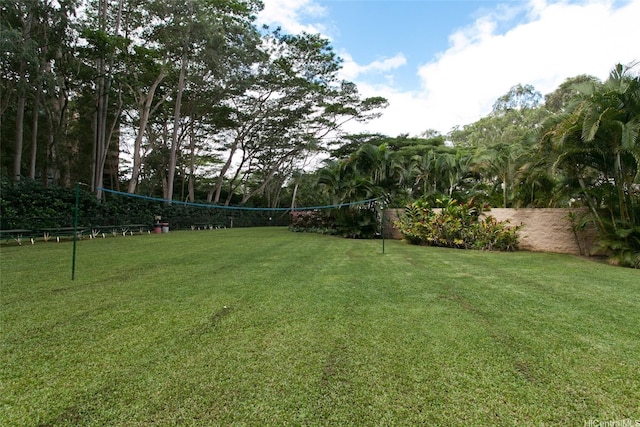 view of yard with fence and volleyball court