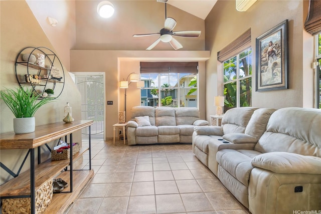 95-1007 Wikao St Unit 29, Mililani, HI 96789 - living area with light tile patterned floors, a ceiling fan, and high vaulted ceiling
