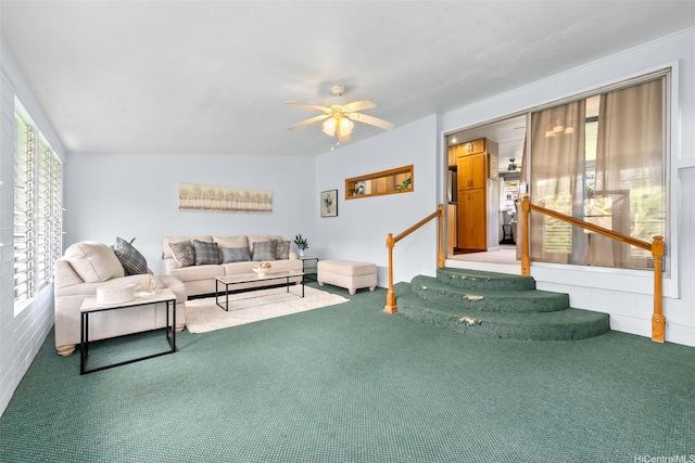 45-313 Nakuluai St, Kaneohe, HI 96744 - carpeted living room featuring ceiling fan and stairs