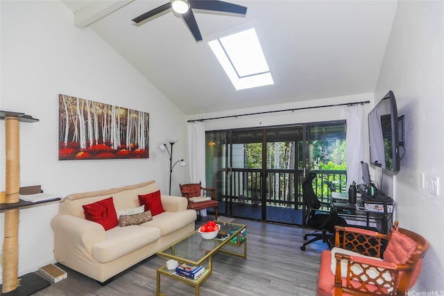 45-995 Wailele Rd Unit 8, Kaneohe, HI 96744 - living area with wood finished floors, a ceiling fan, high vaulted ceiling, and beam ceiling