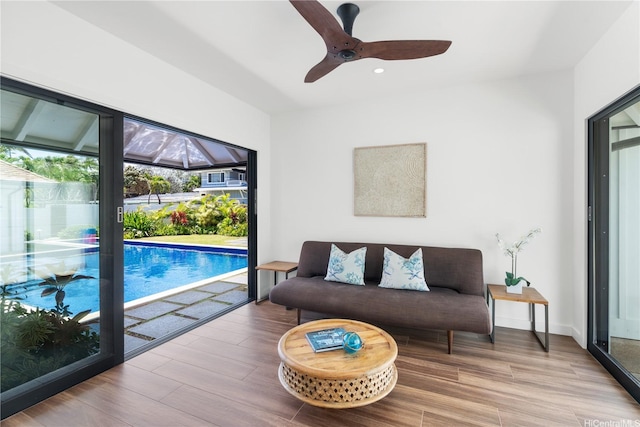 21 Kalaka Pl, Kailua, HI 96734 - living room featuring healthy amount of natural light, a ceiling fan, wood finished floors, and recessed lighting