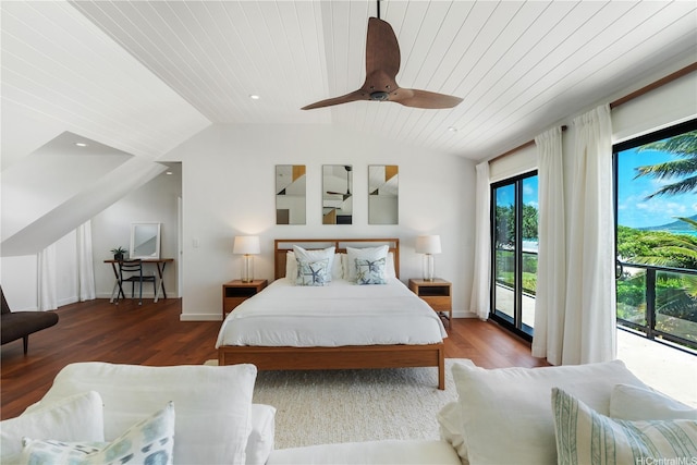 21 Kalaka Pl, Kailua, HI 96734 - bedroom with access to exterior, lofted ceiling, wood finished floors, a ceiling fan, and baseboards