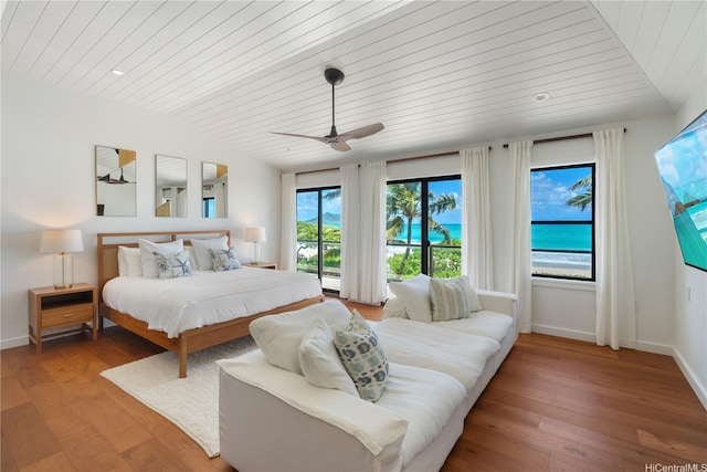 21 Kalaka Pl, Kailua, HI 96734 - bedroom with wooden ceiling, wood finished floors, baseboards, lofted ceiling, and ceiling fan