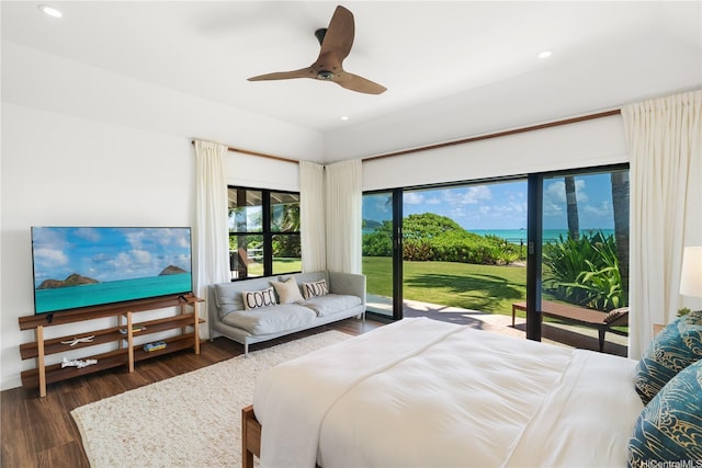 21 Kalaka Pl, Kailua, HI 96734 - bedroom with access to outside, recessed lighting, dark wood-type flooring, a water view, and a ceiling fan