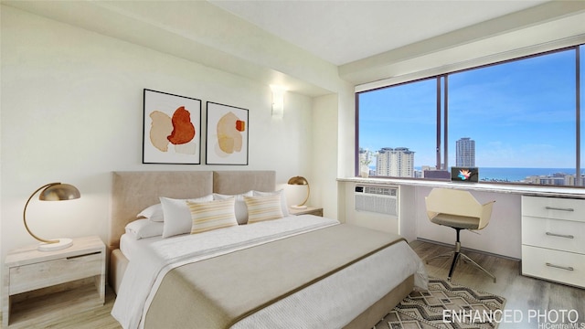 bedroom featuring light wood-style flooring and a view of city