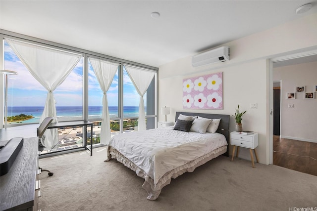 1391 Kapiolani Blvd Unit 2512, Honolulu, HI 96814 - carpeted bedroom featuring a wall mounted AC, a water view, expansive windows, and access to outside