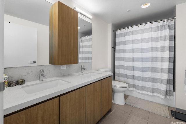 1391 Kapiolani Blvd Unit 2512, Honolulu, HI 96814 - full bathroom with tile patterned flooring, toilet, double vanity, and shower / bath combination with curtain