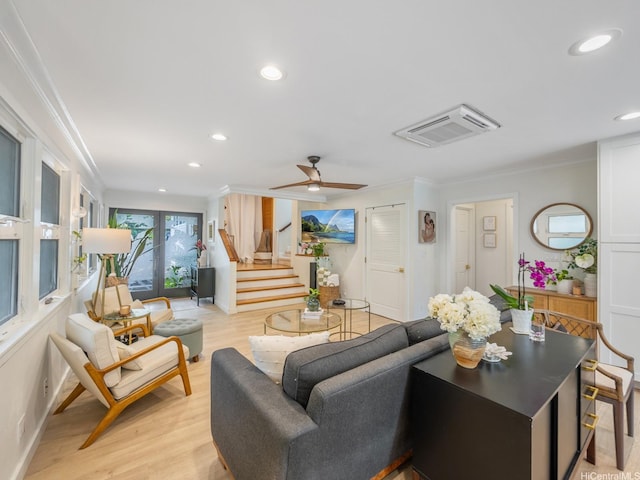 567 Kawailoa Rd Unit E, Kailua, HI 96734 - living room with crown molding, stairway, recessed lighting, light wood finished floors, and ceiling fan