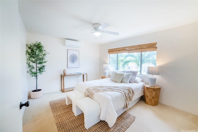 bedroom featuring carpet floors, a wall mounted AC, and a ceiling fan