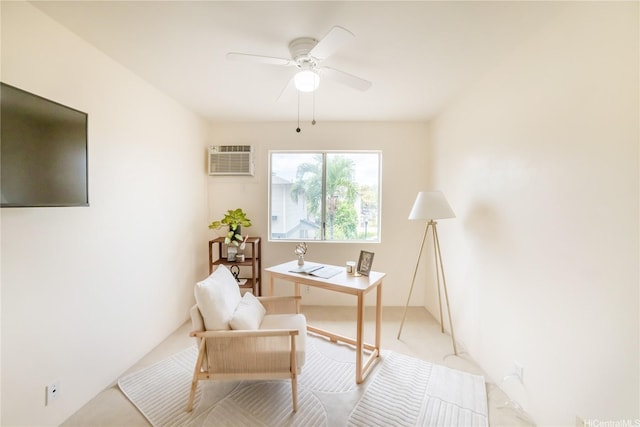 office space with a ceiling fan, a wall mounted air conditioner, and light carpet