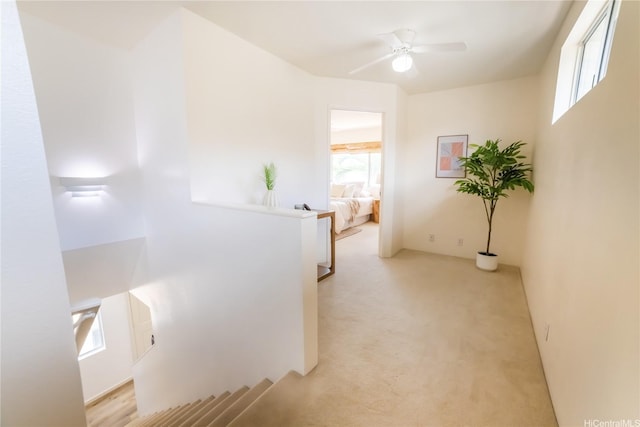 corridor with an upstairs landing, plenty of natural light, and light carpet