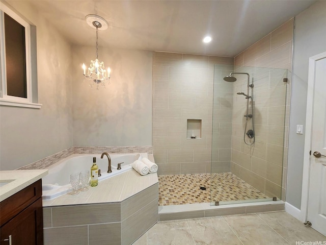 47-285 Waihee Rd Unit D, Kaneohe, HI 96744 - full bath featuring a shower stall, a bath, a chandelier, vanity, and recessed lighting