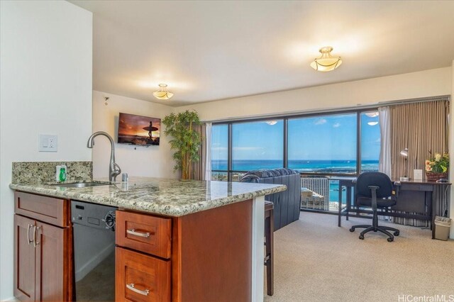 1088 Bishop St Unit 3706, Honolulu, HI 96813 - kitchen featuring dishwasher, a sink, brown cabinetry, an office area, and light stone counters