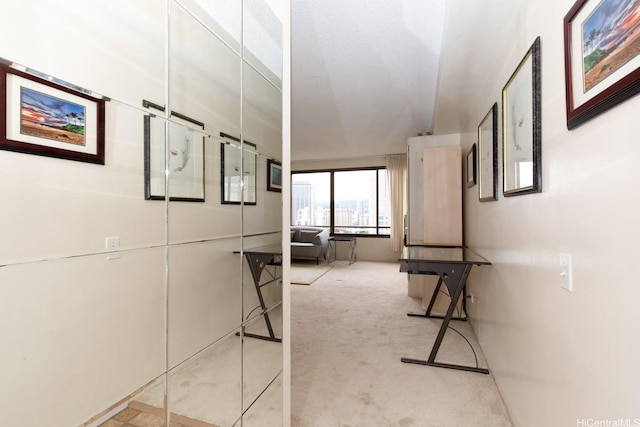 hallway with carpet floors and lofted ceiling