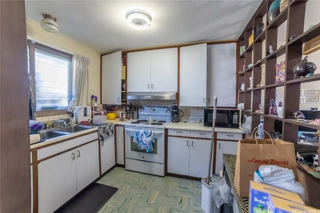 1671 Citron St, Honolulu, HI 96826 - kitchen with white electric stove, black microwave, a sink, decorative backsplash, and light countertops