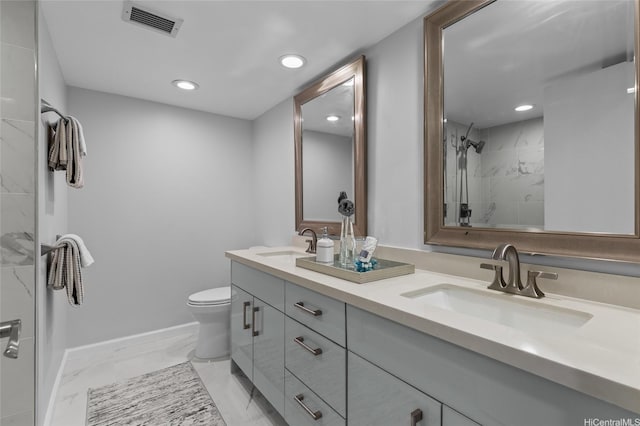 750 Kaheka St Unit 901, Honolulu, HI 96814 - bathroom featuring marble look tiles, a shower, double vanity, toilet, and recessed lighting
