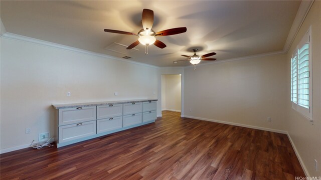 84-575 Kili Dr Unit 8, Waianae, HI 96792 - empty room featuring ceiling fan, dark wood-style flooring, ornamental molding, and baseboards