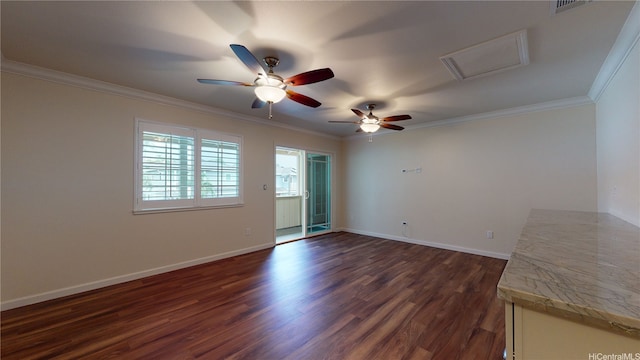 84-575 Kili Dr Unit 8, Waianae, HI 96792 - empty room with dark wood finished floors, ornamental molding, a ceiling fan, baseboards, and attic access