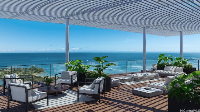 wooden terrace featuring an outdoor hangout area, a water view, and a pergola