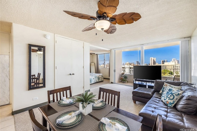 1805 Poki St Unit 1101, Honolulu, HI 96822 - living area with a textured ceiling, a ceiling fan, and baseboards