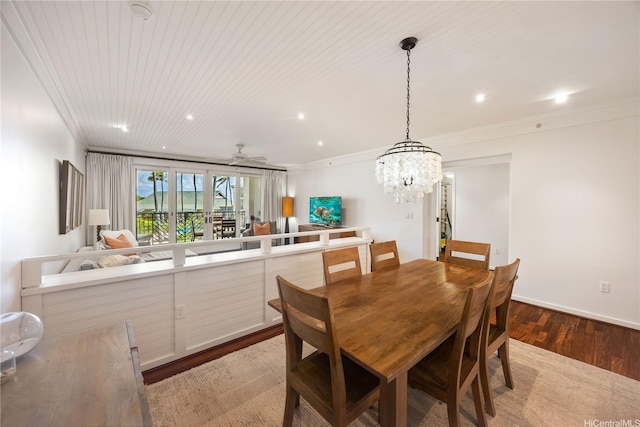 dining room featuring recessed lighting, ceiling fan with notable chandelier, wooden ceiling, and wood finished floors