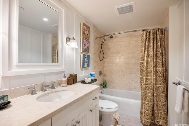 full bathroom with toilet, vanity, visible vents, and shower / bath combination with curtain