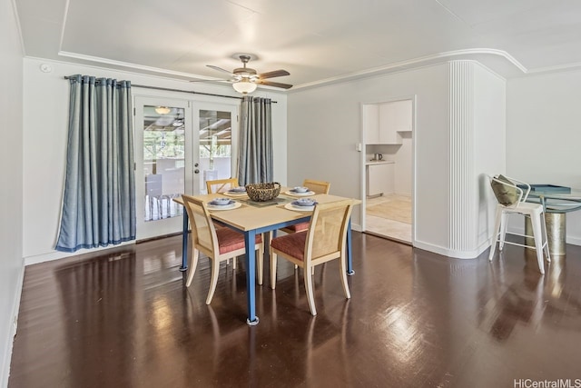 2023 Round Top Dr, Honolulu, HI 96822 - dining room with french doors, a ceiling fan, dark wood-type flooring, baseboards, and ornamental molding