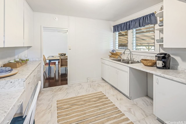 2023 Round Top Dr, Honolulu, HI 96822 - kitchen with marble finish floor, open shelves, white cabinets, and a sink