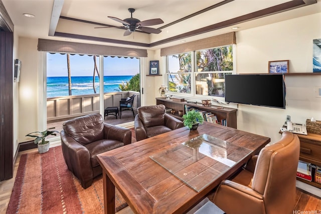 dining area with a tray ceiling, ceiling fan, and wood finished floors