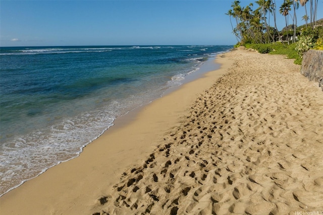 view of water feature with a beach view