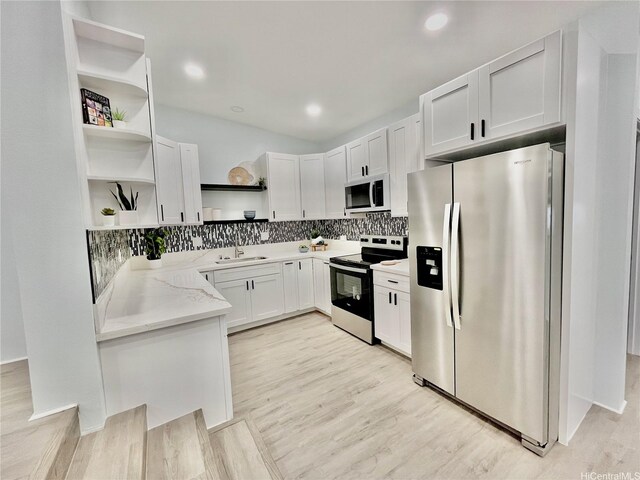 87-224 Laulele St, Waianae, HI 96792 - kitchen with stainless steel fridge, range with electric cooktop, open shelves, white microwave, and a sink