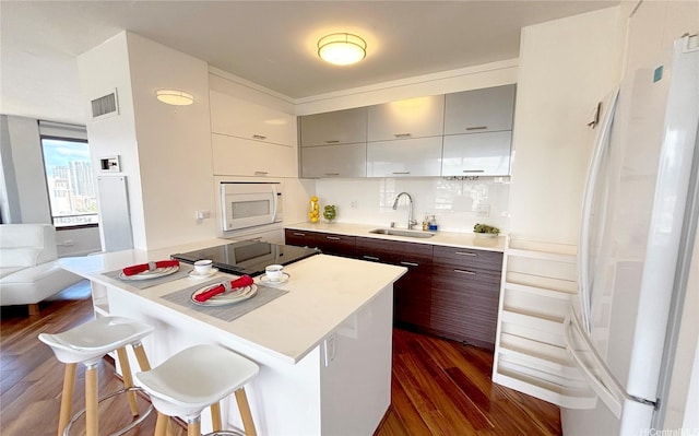 kitchen with a sink, freestanding refrigerator, oven, dark wood finished floors, and modern cabinets