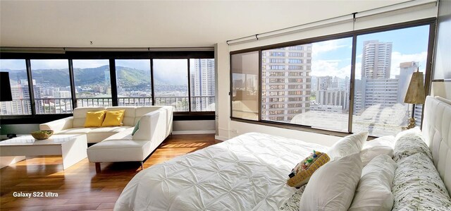 bedroom featuring a city view, wood finished floors, multiple windows, and a mountain view