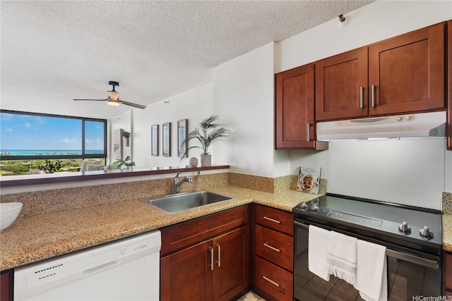 322 Aoloa St Unit 1403, Kailua, HI 96734 - kitchen with white dishwasher, black electric range oven, a sink, under cabinet range hood, and a textured ceiling