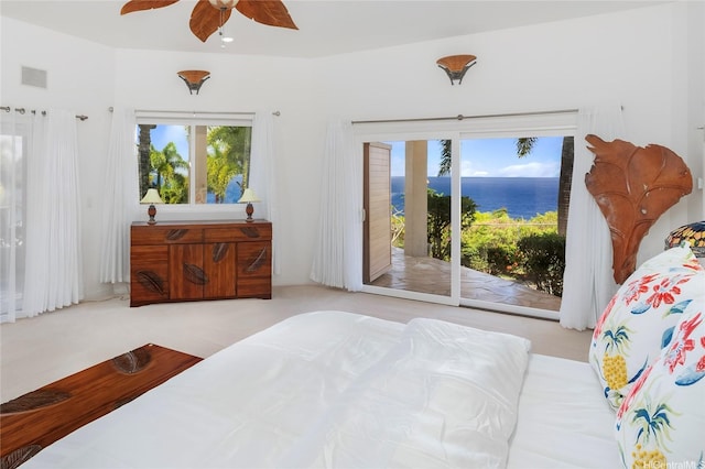 31-212 Hawaii Belt Rd, Hakalau, HI 96710 - bedroom with access to exterior, a water view, multiple windows, and carpet