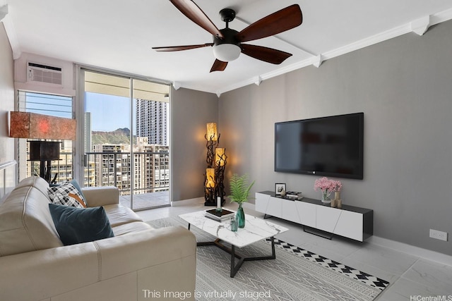 2452 Tusitala St Unit 1610, Honolulu, HI 96815 - living room with ceiling fan, crown molding, expansive windows, baseboards, and an AC wall unit