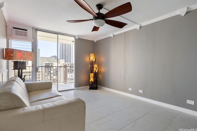 2452 Tusitala St Unit 1610, Honolulu, HI 96815 - living room featuring crown molding, ceiling fan, floor to ceiling windows, an AC wall unit, and a view of city