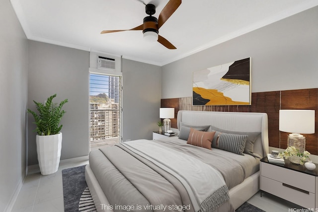 2452 Tusitala St Unit 1610, Honolulu, HI 96815 - bedroom featuring ornamental molding, light marble finish floors, baseboards, ceiling fan, and an AC wall unit